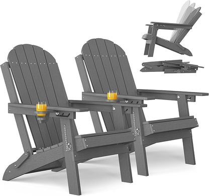 YEFU Adirondack Chairs Set of 2 for Outdoor: Folding Plastic Fire Pit Chair with Cup Holders & Adjustable Backrest - Sturdy All-Weather HDPE for Patio Lawn - Easy Assembly(Grey)