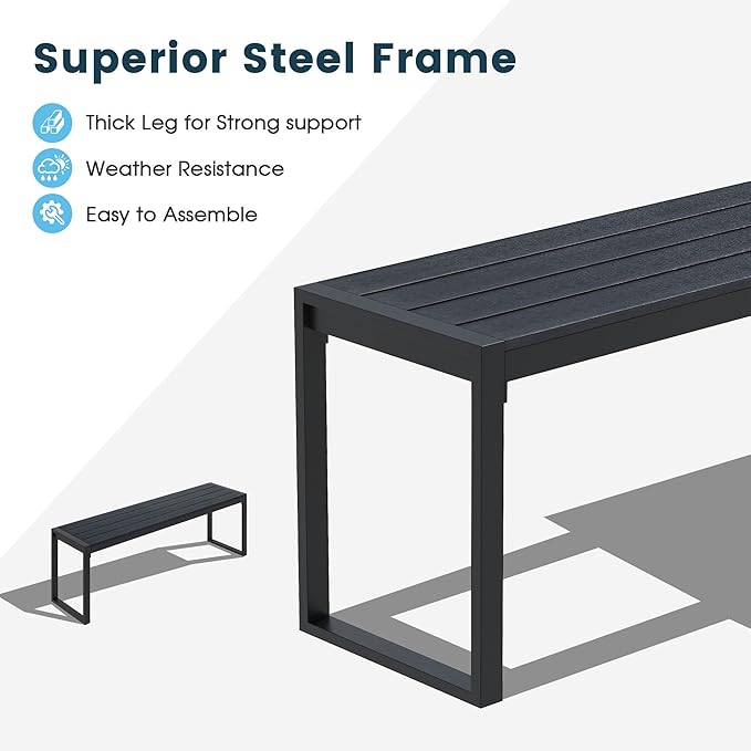 Outdoor Patio Backless Bench for 2-3 People, 53.2" All-Weather Long Metal Garden Bench Seat for Backyard, Porch,Lawn, Black