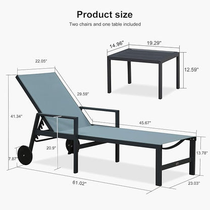 PURPLE LEAF Outdoor Chaise Lounge Set for 2 Aluminum Patio Chaise Lounger Chair with Armrest Adjustable Pool Chaise Lounge Chair for Beach Yard Poolside Table Included, Teal