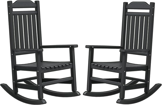 LHBcraft Front Porch Chairs Set of 2 – Oversized HDPE Outdoor Rocking Chairs for Adults, Heavy Duty All-Weather Patio Rocking Chair for Lawn Garden, Black