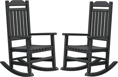 LHBcraft Front Porch Chairs Set of 2 – Oversized HDPE Outdoor Rocking Chairs for Adults, Heavy Duty All-Weather Patio Rocking Chair for Lawn Garden, Black