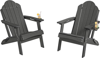 Foldable HDPE Adirondack Chairs Set of 2, Fire Pit, Backyard, Patio, Weather Resistant Outdoor Seating, Hidden Cup Holder, Black