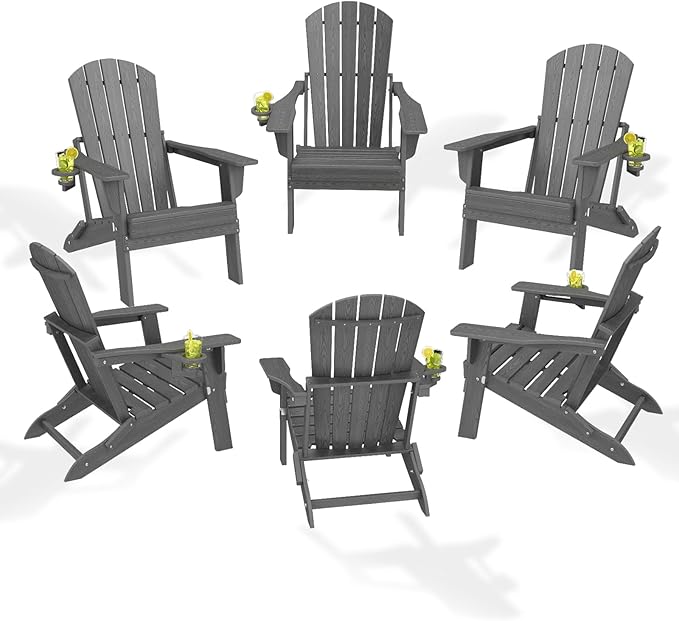 Folding Adirondack Chair Set of 6, HDPE Outdoor Patio Chair with Cup Holder, All Weather Plastic Lawn Chair with Wide Armrests, Portable Patio Chair for Backyard Deck Garden Fire Pit Poolside, Grey