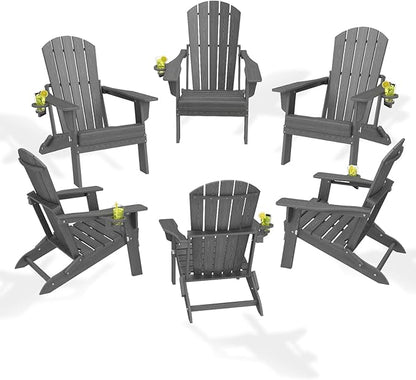 Folding Adirondack Chair Set of 6, HDPE Outdoor Patio Chair with Cup Holder, All Weather Plastic Lawn Chair with Wide Armrests, Portable Patio Chair for Backyard Deck Garden Fire Pit Poolside, Grey