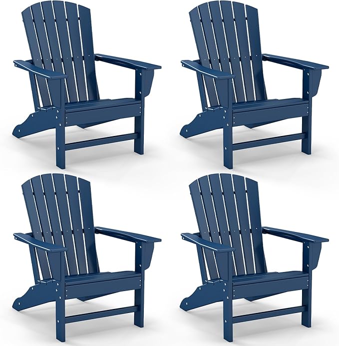 GREENVINES Adirondack Chairs Set of 4 | HDPE Plastic | Oversized Fire Pit Chair | All Weather | Blue | Poly Lumber | for Outdoor Deck Backyard Patio Garden