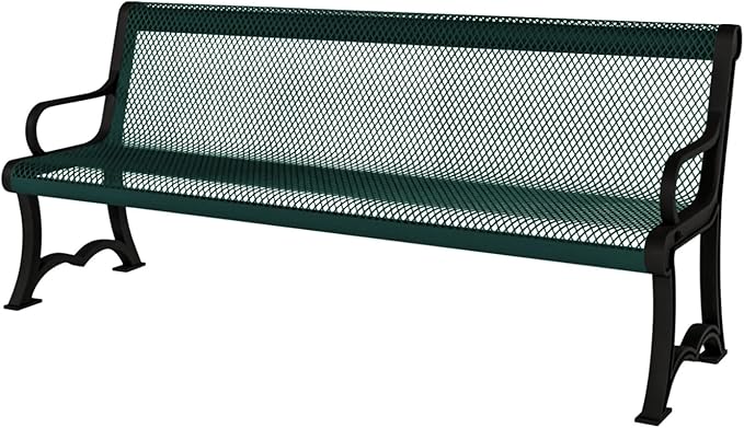 COATEDOUTDOORFURNITURE Heavy-Duty Outdoor Bench Thermoplastic Coated, Expanded Metal, Commercial-Grade Garden Bench, Made in America (Portable with Back, 4 Ft, Textured Green)