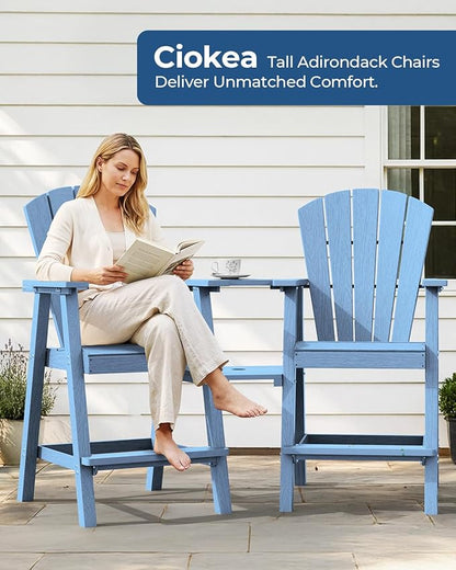 Ciokea Tall Adirondack Chairs Set of 4, HDPE Outdoor Adirondack Bar Stools with Double Connecting Tray, Weather Resistant High Back Adirondack Balcony Chairs for Deck, Lawn, Pool, Backyard, Baby Blue