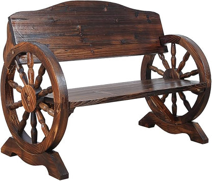 Outdoor Garden Bench, Wooden Wagon Wheel Bench Loveseat Chair Patio Furniture for Garden, Backyard, Porch, Park, Yard(150 * 55 * 79CM)