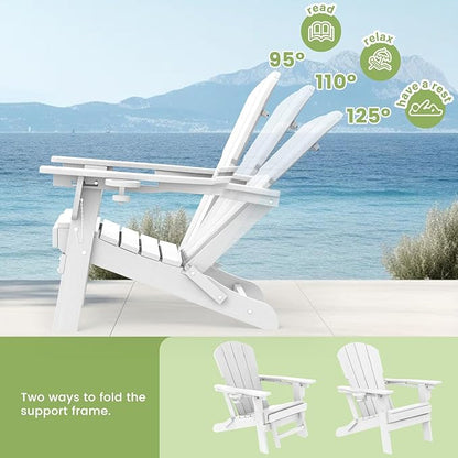 LOUNZY Folding Adjustable Adirondack Chair with Footrest Set of 4,HDPE Recliner Adirondack Chair with Cup Holder for Deck Lawn Fire Pit, White