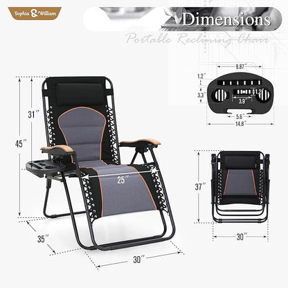 Sophia & William Oversized XXL Zero Gravity Chair Set of 2, Outdoor Recliner Folding Zero Gravity Lounge Chair Outdoor Gravity Chair with Free Cup Holder, Supports 400 LBS (Black)