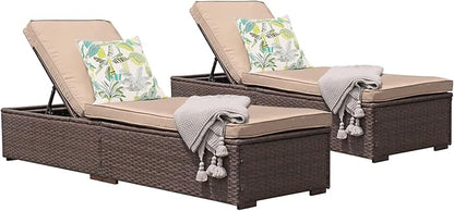 Patiorama Outdoor Patio Lounge Chair, Elegant Reclining Adjustable Pool Rattan Chaise Chair with Beige Cushion, Brown PE Wicker, Steel Frame, Set of 2