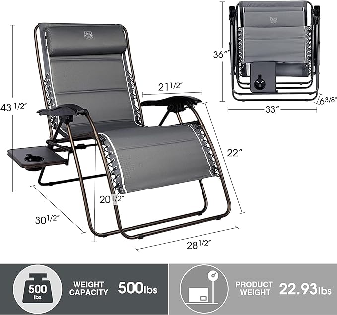 Timber Ridge Oversized Zero Gravity Chair, 33In Wide XXL Zero Gravity Reclining Chair with Side Table, Full Padded Lounge Chair for Outdoor Camping Patio Lawn, Heavy Duty Supports 500lbs, Grey-2 Pack