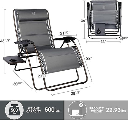 Timber Ridge Oversized Zero Gravity Chair, 33In Wide XXL Zero Gravity Reclining Chair with Side Table, Full Padded Lounge Chair for Outdoor Camping Patio Lawn, Heavy Duty Supports 500lbs, Grey-2 Pack