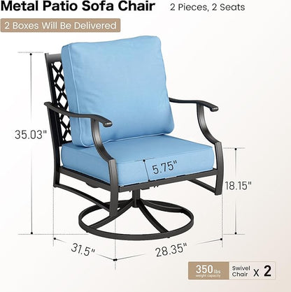 Metal Outdoor Swivel Patio Chairs Set of 2 with 5.75" Extra Thick Cushion, 2 Piece High Back Swivel Rocker Patio Chairs Outdoor Furniture Seating for Deck Balcony Front Porch, Blue