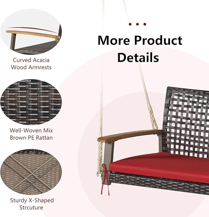 RELAX4LIFE 2-Seater Outdoor Porch Swing - PE Wicker Porch Loveseat Swing with 118” Hanging Ropes - Photo 4