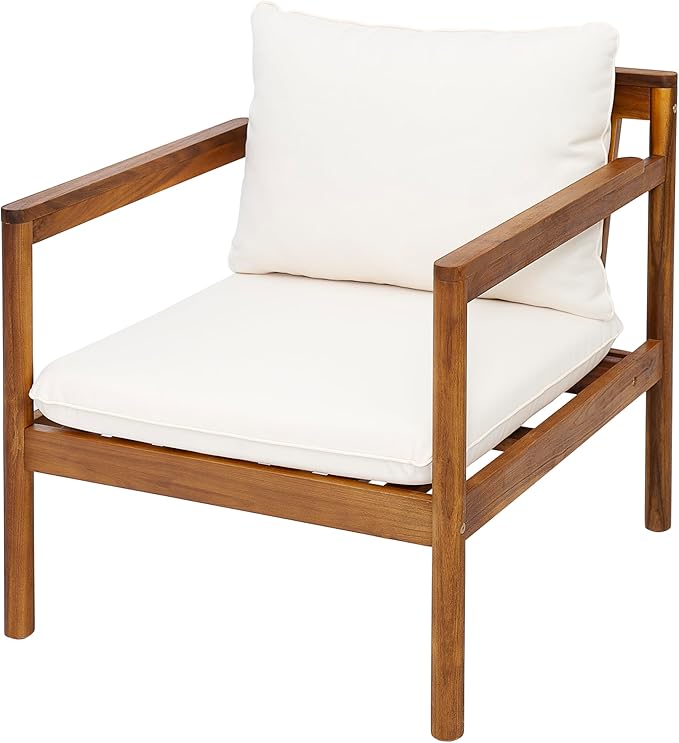 Christopher Knight Home Krixi Acacia Wood Lounge Chair Outdoor with Rope Accent, Accent Chair with Water-Repellent Cushions, Comfy Chairs for Garden/Backyard, Heavy Duty Patio Furniture, Teak + Cream