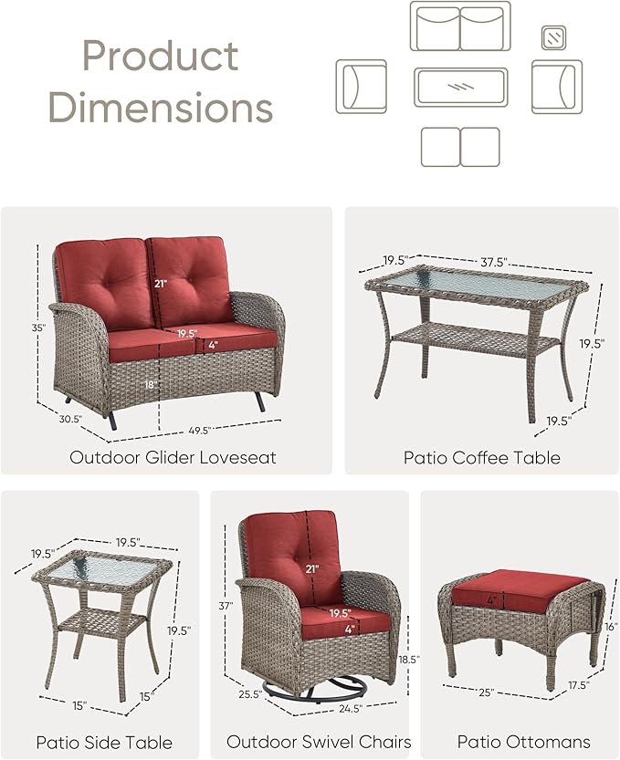 7 Pieces Patio Furniture-Patio Swivel Chairs Set of 2 Outdoor Glider Bench Rocking Chair with Patio Ottomans Patio Conversation Sets for Deck Porch Garden Balcony Poolside-Grey/Red