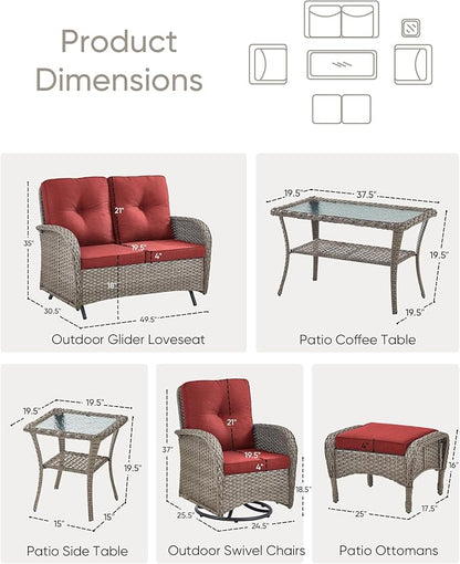 7 Pieces Patio Furniture-Patio Swivel Chairs Set of 2 Outdoor Glider Bench Rocking Chair with Patio Ottomans Patio Conversation Sets for Deck Porch Garden Balcony Poolside-Grey/Red