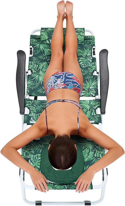 MOPHOTO Oversized Beach Lounge Chair, 5-Position Adjustable Tanning Chair with Face Hole, Heavy Duty Folding Chaise Lounge for Beach, Pool, Patio & Sunbathing
