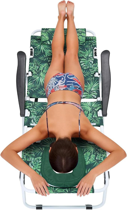 MOPHOTO Oversized Beach Lounge Chair, 5-Position Adjustable Tanning Chair with Face Hole, Heavy Duty Folding Chaise Lounge for Beach, Pool, Patio & Sunbathing
