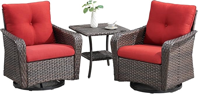 Rilyson Outdoor Patio Swivel Rocker Chairs - 3 PC Wicker Patio Bistro Sets with High Back,Thick Comfy Cushions, Deep Seating and Side Table for Porch Deck Backyard Garden(Brown/Red)