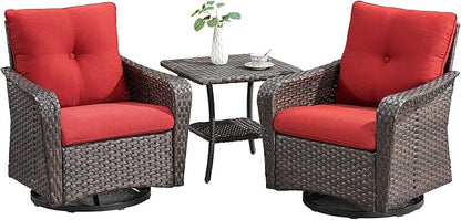 Rilyson Outdoor Patio Swivel Rocker Chairs - 3 PC Wicker Patio Bistro Sets with High Back,Thick Comfy Cushions, Deep Seating and Side Table for Porch Deck Backyard Garden(Brown/Red)