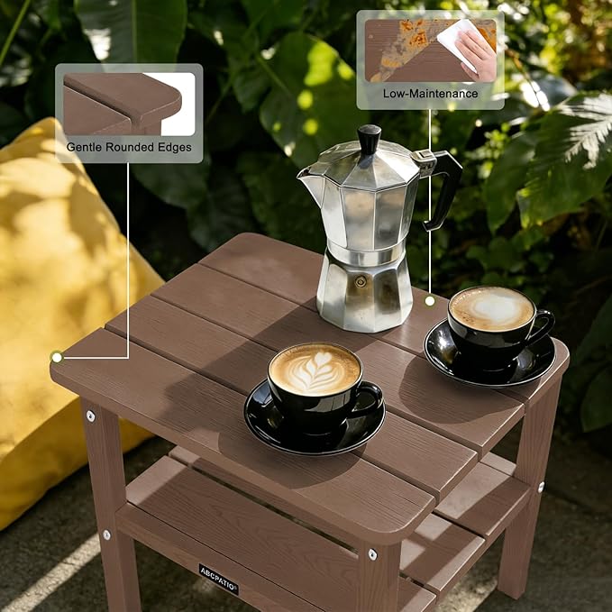 Outdoor Side Table HDPE Small Outdoor End Table Patio Side Tables Square for Backyard Pool Porch Balcony Double Layer Storage, Brown (Wood Grain Finish)