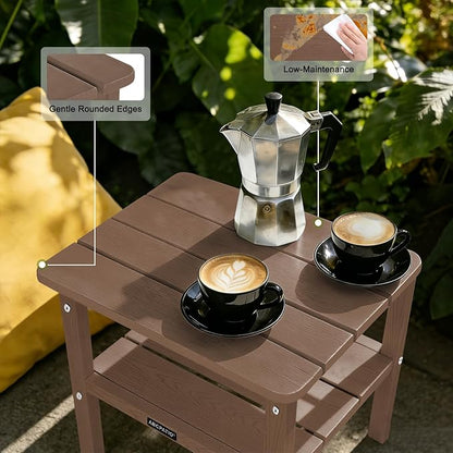 Outdoor Side Table HDPE Small Outdoor End Table Patio Side Tables Square for Backyard Pool Porch Balcony Double Layer Storage, Brown (Wood Grain Finish)