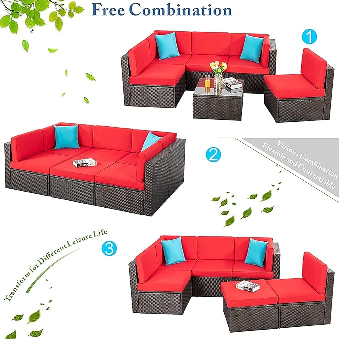 Vongrasig 6 Pieces Patio Furniture Set, Outdoor Sectional Sofa Couch, All Weather PE Rattan Patio Conversation Sets with Coffee Table for Garden, Backyard, Poolside (Red)