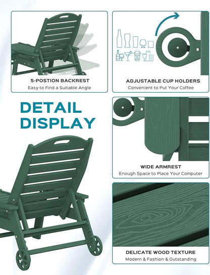 Chaise Lounge Chair Outdoor with Wheels Set of 2, Adjustable 5-Position Chaise Lounge Outdoor with Wood Texture, Patio Lounge Chair for Poolside Backyard, Green