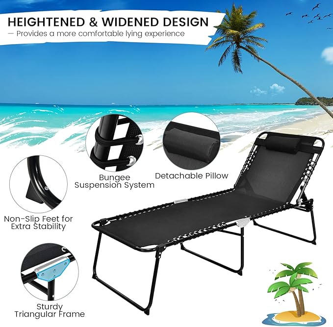 Goplus Chaise Lounge Chair Outdoor, Extra Large Folding 5-Postion Beach Lounge Chair with Detachable Pillow, Side Pocket, Sunbathing Lounge Chair, Adjustable Tanning Chair for Patio Lawn Pool Yard