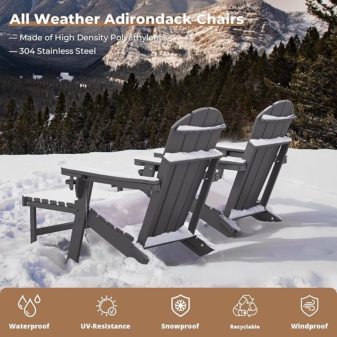 BRIOPAWS Adirondack-Chairs-with-Pull-Out-Footrest | Set of 2 | Folding | HDPE Plastic | Fire Pit Chair | All Weather | Cup Holders | Curved Back | Retractable Ottoman | for Poolside Deck | Grey