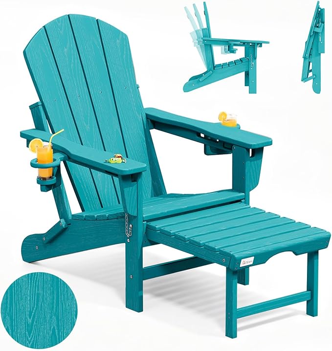 Mdeam 3-Level Adjustable Adirondack Chair with Retractable Ottoman, HDPE All-Weather Folding Fire Pit Chair with 2 Cup Holders, Outdoor Chair for Deck Patio Garden Backyard Lawn (Aruba Blue)