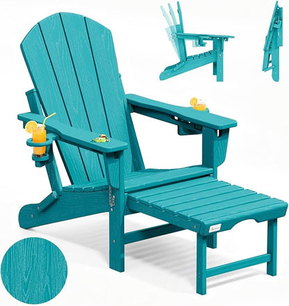 Mdeam 3-Level Adjustable Adirondack Chair with Retractable Ottoman, HDPE All-Weather Folding Fire Pit Chair with 2 Cup Holders, Outdoor Chair for Deck Patio Garden Backyard Lawn (Aruba Blue)