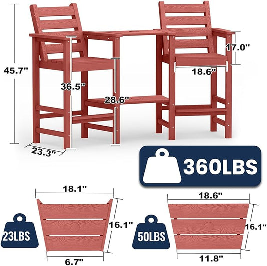 PLUUV Tall Adirondack Chairs Set of 2, All Weather HDPE Poly Bar Height Balcony Adirondack Chair with Removable Double Connecting Trays, Outdoor Adirondack Barstools for Deck, Patio, Yard, Pool, Lawn