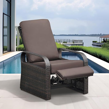 ATR ART TO REAL Outdoor Recliner, Set of 2 Wicker Reclining Chair with Coffee End Side Table, Aluminum Frame Patio Chaise Lounge Chairs with Thicken Cushions (Dark Brown)