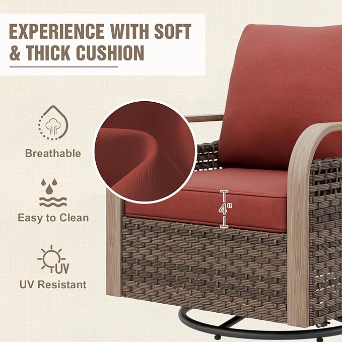 Modern Wicker Outdoor Swivel Rocking Chairs, Rattan Glider Rocker Chairs Patio Furniture for Backyard, Deck, Porch, Garden, 2 Pieces, Brown/Red