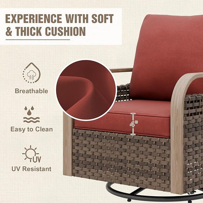 Modern Wicker Outdoor Swivel Rocking Chairs, Rattan Glider Rocker Chairs Patio Furniture for Backyard, Deck, Porch, Garden, 4 Pieces, Brown/Red