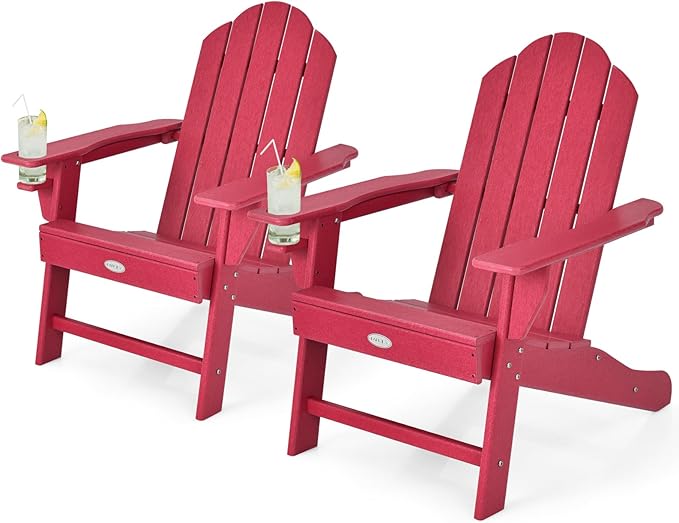 Tangkula Adirondack Chair Outdoor, Fade Resistant HDPE Armchairs with Cup Holder, Weather Resistant Lounger Chairs for Patio Garden Backyard Deck, Lawn Porch Seating, Adirondack Lounger (1, Red)