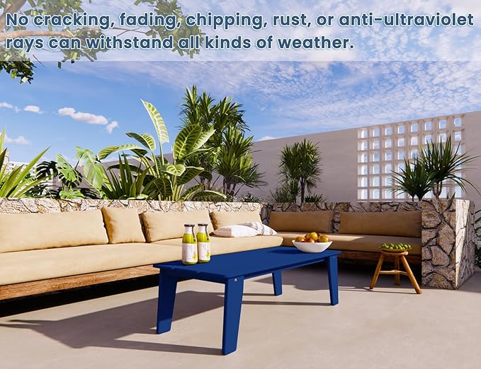 Wood Texture Coffee Table, 35" x 18.2" Poly Lumber Patio Table, All Weather Adirondack for Balcony, Garden, Indoor or Outdoor, Navy Blue