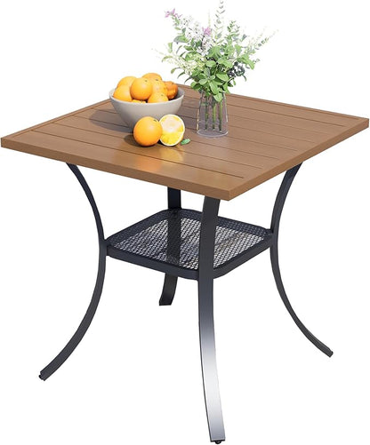 27.5'' Outdoor Patio Table with Storage Shelf, Heavy Duty 400lbs Capacity Square Metal Garden Table, All-Weather Walnut Tabletop for Deck, Balcony, Bistro, 2-4 Person