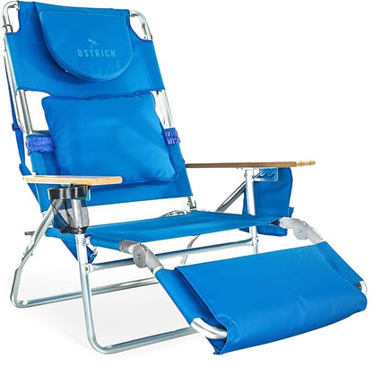 Ostrich the Deluxe 3N1 Lightweight Lawn Beach Reclining Lounge Chair with Footrest, Outdoor Furniture for Patio, Balcony, Backyard, or Porch, Blue