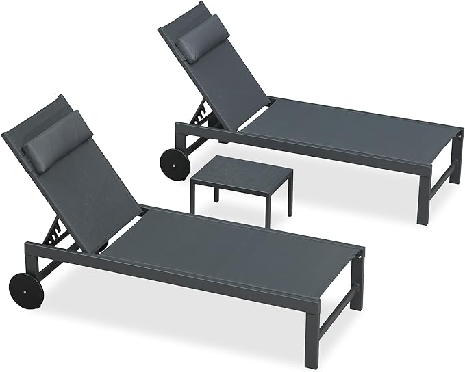 PURPLE LEAF Patio Lounge Chair Set of 3 Outdoor Chaise Lounger Aluminum Frame with Side Table and Wheels for Pool - Photo 9