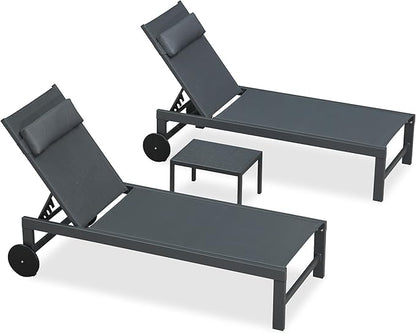 PURPLE LEAF Patio Lounge Chair Set of 3 Outdoor Chaise Lounger Aluminum Frame with Side Table and Wheels for Pool Outside Sunbathing Tanning Recliner Including Pillows Gray