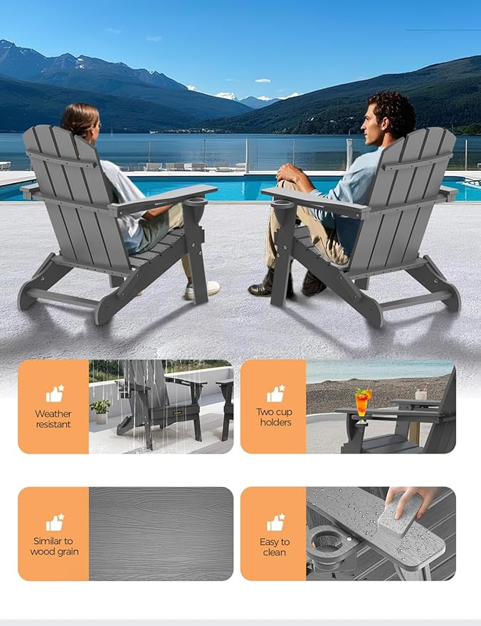Folding Adirondack Chair Set of 4, Wooden Textured Plastic Adirondack Chairs with 2 Cup Holder, Weather Resistant HDPE Fire Pit Chair, Outdoor Patio Chairs for Garden, Backyard, Lawn, Deck, Grey