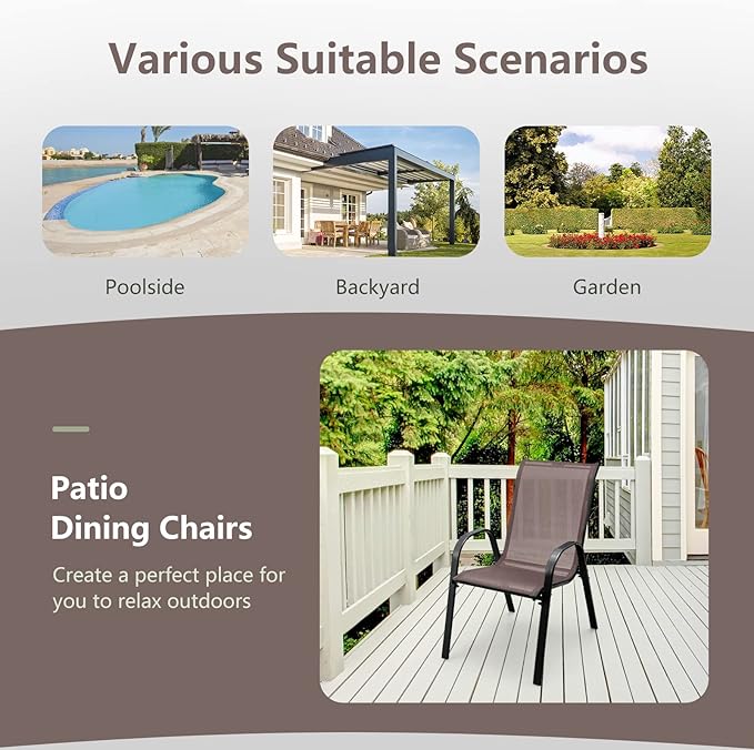 COSTWAY Patio Dining Chairs Set of 2, Stackable Outdoor Chairs with Armrest and High Back, Breathable Fabric & Metal Frame Chair for Garden Poolside Backyard Deck (Brown)