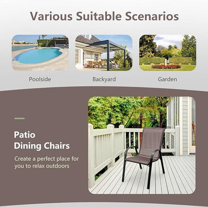 COSTWAY Patio Dining Chairs Set of 2, Stackable Outdoor Chairs with Armrest and High Back, Breathable Fabric & Metal Frame Chair for Garden Poolside Backyard Deck (Brown)