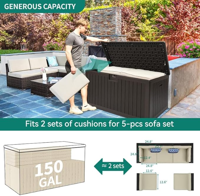YITAHOME XL 150 Gallon Large Deck Box, Outdoor Storage for Patio Furniture Cushions, Garden Tools, Waterproof - Photo 8