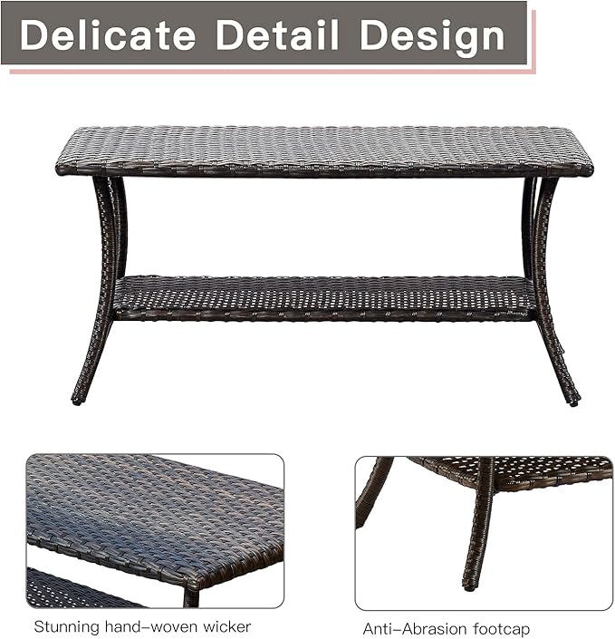 Rilyson Patio Tables Outdoor Coffee Table - Wicker Rattan Coffee Tables with 2-Tier Storage Shelf Side Table for Porch Deck Balcony Garden Outside Rectangle Brown