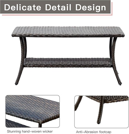 Rilyson Patio Tables Outdoor Coffee Table - Wicker Rattan Coffee Tables with 2-Tier Storage Shelf Side Table for Porch Deck Balcony Garden Outside Rectangle Brown